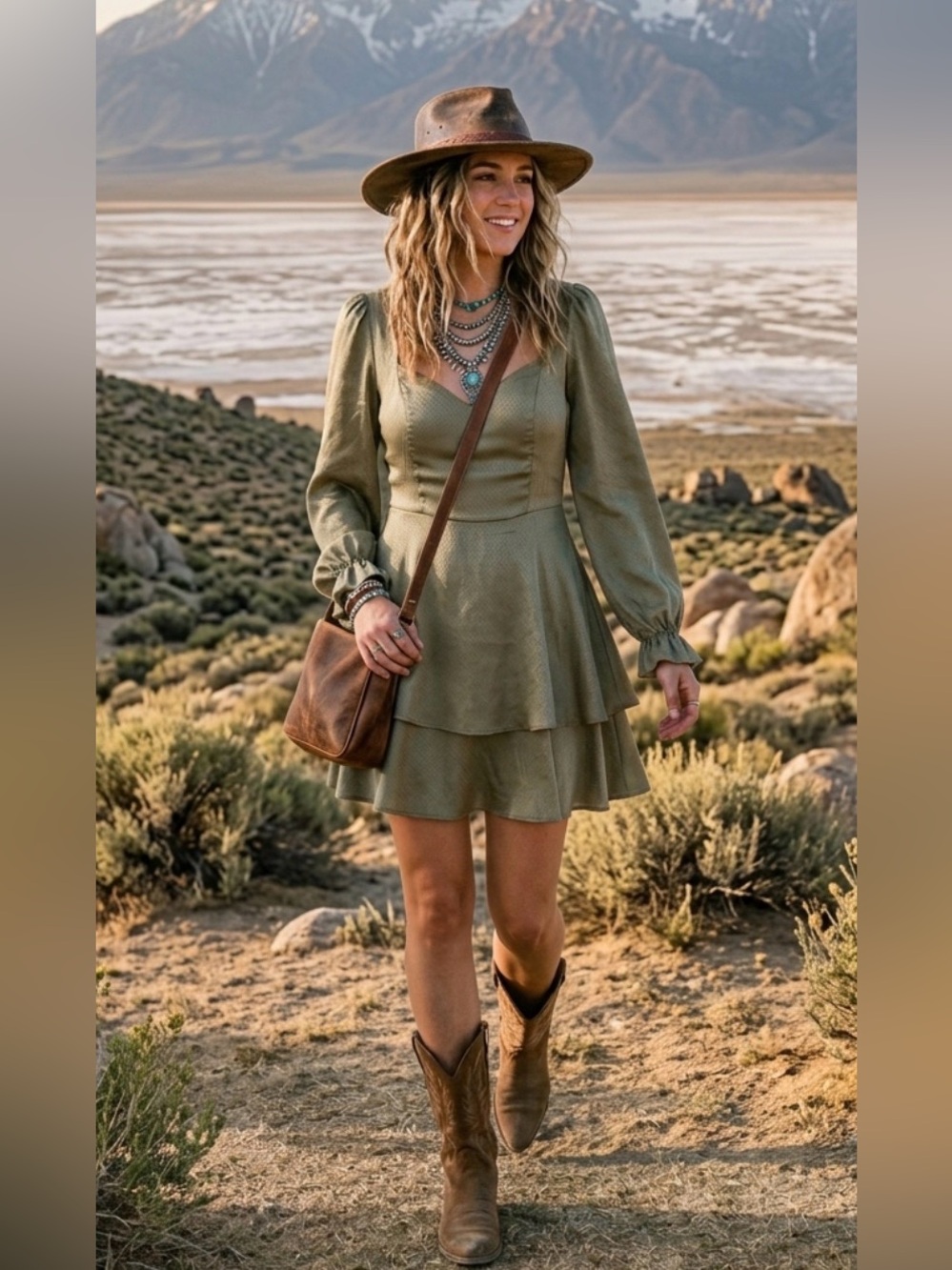 Altar’d State Olive Green Long-Sleeve Tiered Mini Dress